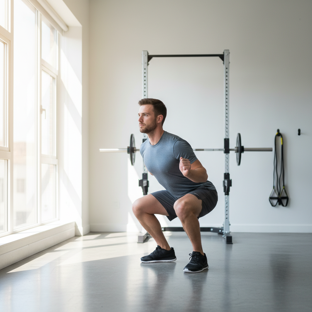 Man som utför en kontrollerad knäböjsrörelse i en ljus, minimalistisk träningslokal med naturligt dagsljus från ett stort fönster, fokus på korrekt hållning och rörelsemönster