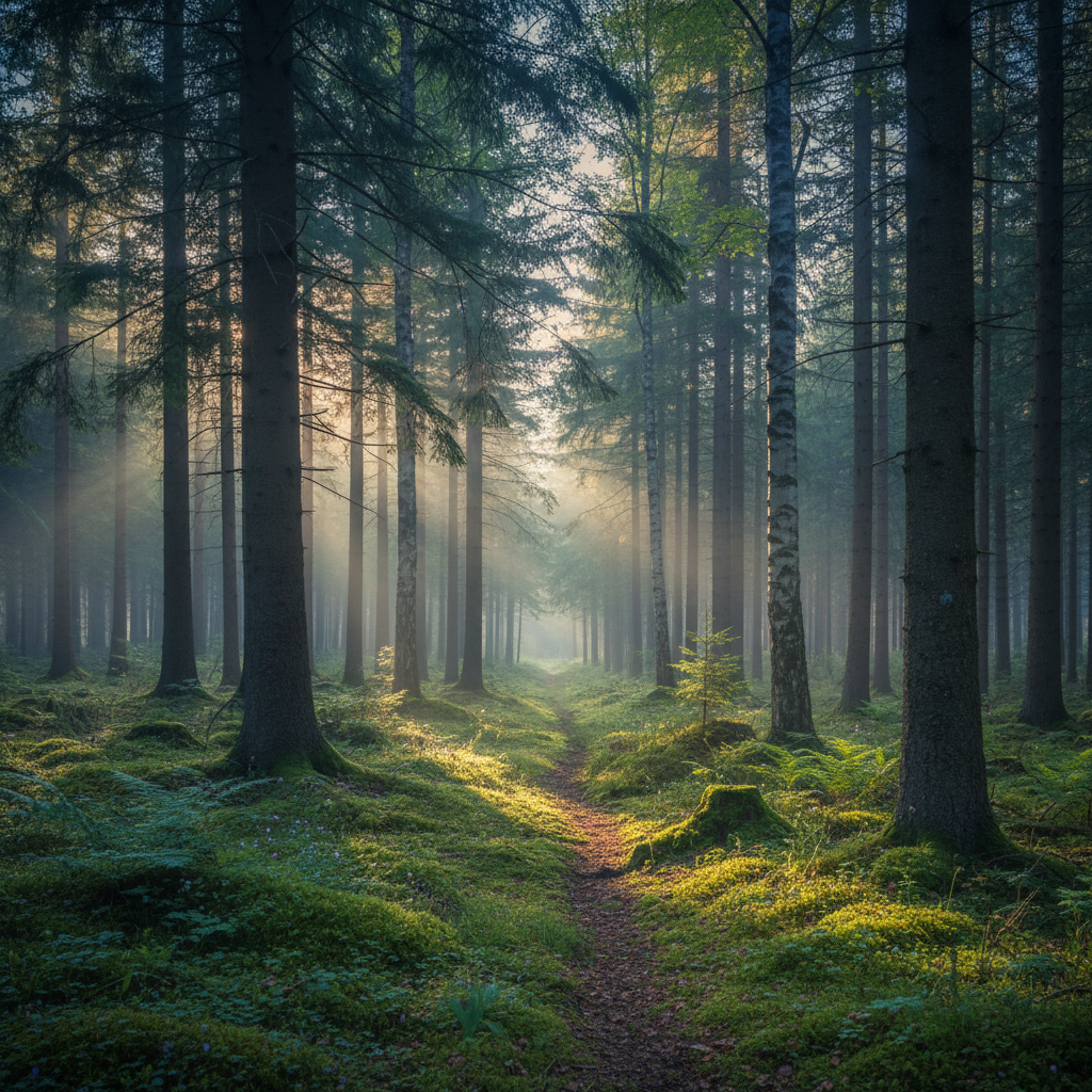 Lugnt skogslandskap i gryningen med mjukt, diffust ljus som filtreras genom höga trädkronor och skapar djupa skuggor mot mossbevuxen mark