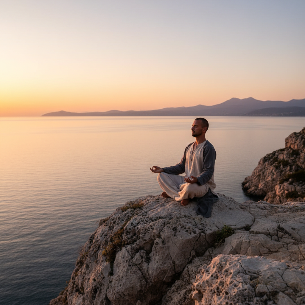 Man som mediterar ensam på en klippa med utsikt över ett stilla hav vid soluppgång, händerna vilandes på knäna i ett lugnt och koncentrerat tillstånd