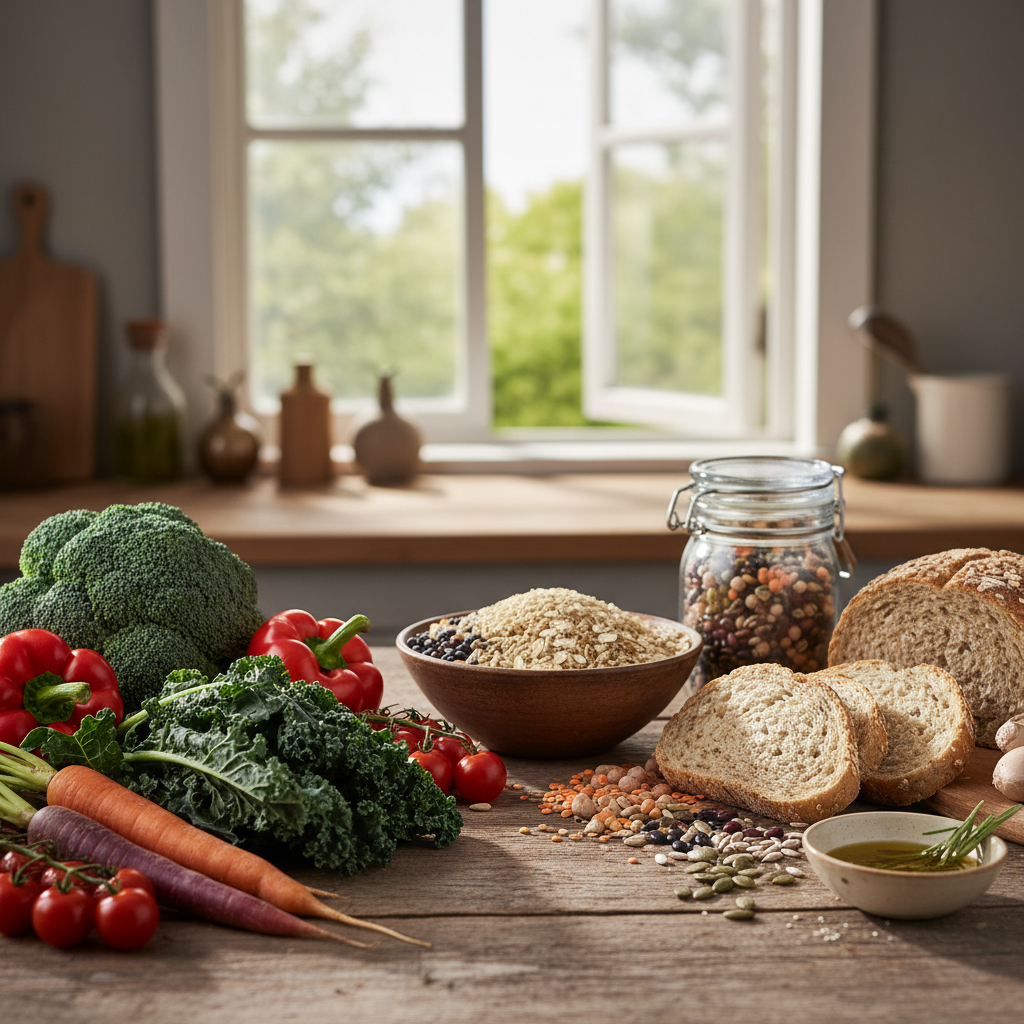 Urval av färska grönsaker, fullkornsprodukter och baljväxter arrangerade på ett träbord med naturligt sidoljus som betonar texturerna