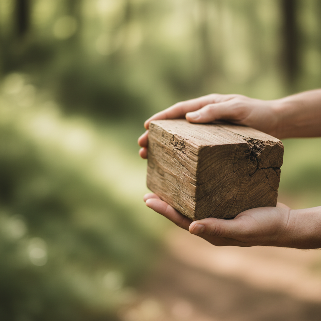 Närbild på händer som håller en rå träbit, symboltisk för naturlighet och hantverk, med mjuk bokeh-bakgrund i gröna toner