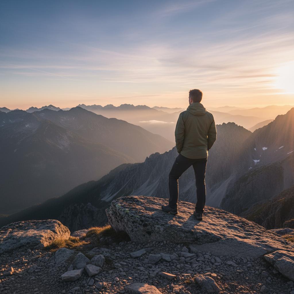 Man som kontemplativt betraktar ett vidsträckt bergslandskap vid gryningen, stående på en stenplatå med ryggen mot kameran och armarna lätt vid sidorna