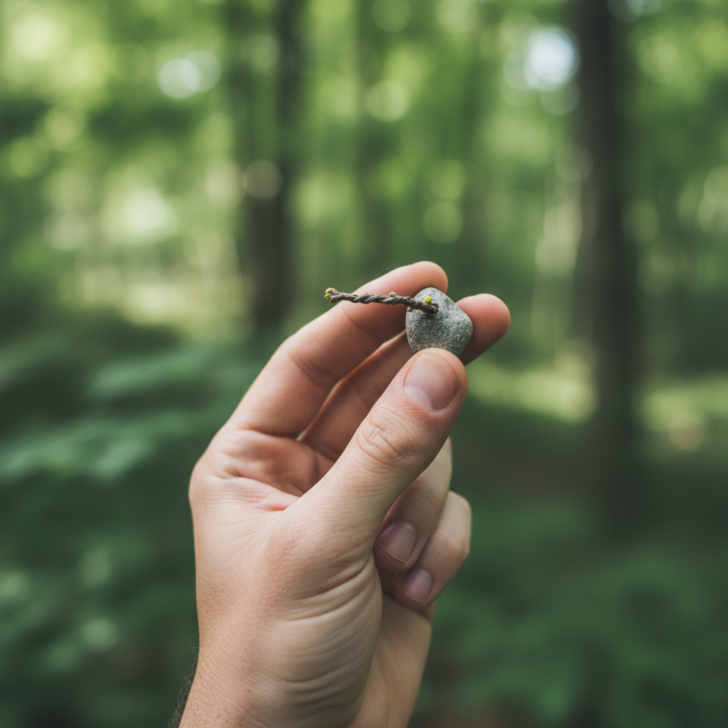 Närbild på en mans hand som varsamt håller ett litet naturföremål – en sten eller kvist – mot en suddig grön bakgrund, symboliserande uppmärksamhet och lyhördhet